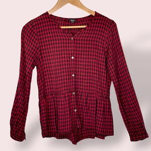 Rails Celest Button-Down Peplum Top Red Black Plaid Long Sleeve Blouse‎ Size XS